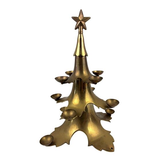 VTG MCM Solid Brass 15.5” Christmas Tree Candle Holder Mid Century Modern - Picture 1 of 14